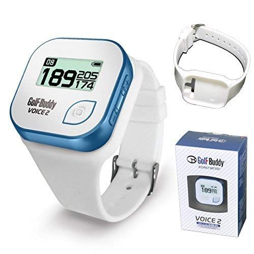 Golf Buddy Voice 2 - Telémetro de golf con GPS para sombrero, localizador de alcance de golf para golf, 14 horas de duración, resistente al agua (blanco/azul) con correa de silicona