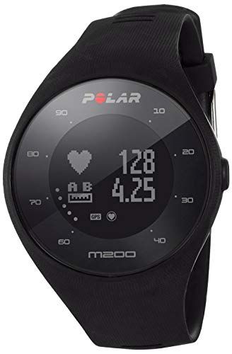 Polar M200 - Reloj running con GPS y frecuencia cardiaca en la muñeca, tamaño de pantalla 26 mm de diámetro de área visible, 1342 píxeles, peso de 44 g, color negro, grosor de 12 mm, M/L