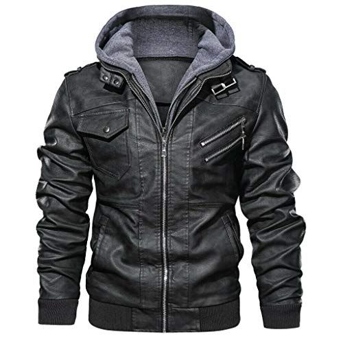 MMHA Denzell Outwear Anarquist chamarra de piel con capucha para motocicleta estilo motero para hombre, Gris, Small