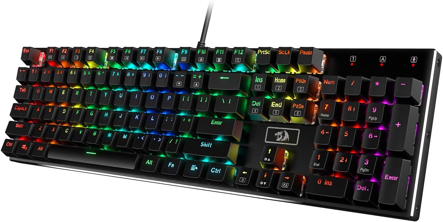 Redragon K556 teclado para juegos mecánicos con cable y luz posterior RGB LED, base de aluminio, 104 teclas estándar (no necesariamente en español).