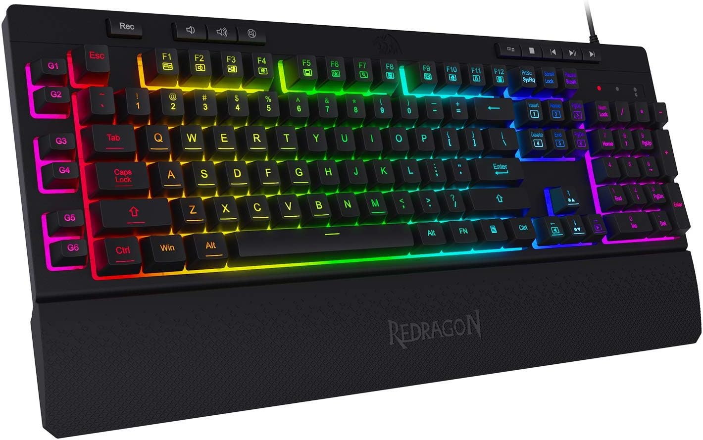 Redragon K512 Shiva Teclado de membrana retroiluminada RGB para juegos con teclas multimedia, interruptor de sensación mecánica lineal, 6 teclas macro adicionales a bordo, control de medios dedicado, reposamuñecas desmontable