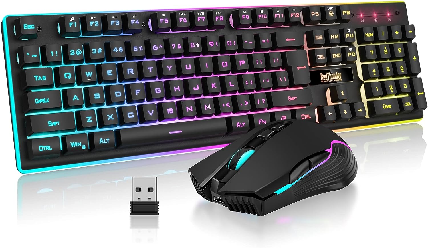 RedThunder Combo de teclado y mouse inalámbricos para juegos K10, batería recargable retroiluminada LED de 3800 mAh, teclado mecánico antighosting + ratones 7D de 3200 DPI para PC Gamer (negro)