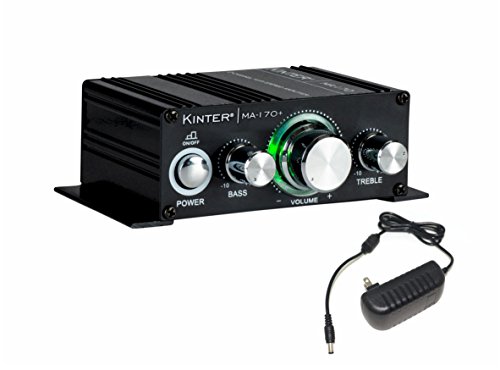 Kinter MA170+ - Mini amplificador de 2 canales, 2 x 18 W, entrada RCA de audio con fuente de alimentación de 12 V, 3 A, color negro