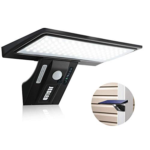 JESLED Luz Solar Exterior 90 LED, Carga solar y USB, Foco Solar Potente con Sensor de Movimiento,Impermeable con 3 Modos Inteligentes para Jardín, Patio, Camino, Escalera. (Pack de 1)