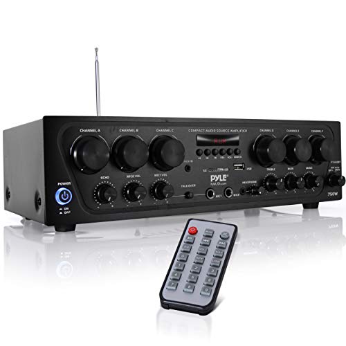 Pyle Bluetooth Home Audio Amplifier System - Upgraded 2018 6 Channel 750 Watt Wireless Home Audio Sound Power Stereo Receiver w/ USB, Micro SD, Headphone, 2 Microphone Input w/ Echo, Talkover for PA