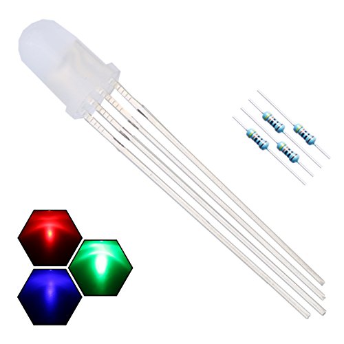 EDGELEC - 100 piezas de 5 mm RGB tricolor (rojo, verde, azul multicolor), 4 pines LED diodos comunes cátodo difuso lente redonda de 29 mm de largo y 300 resistencias (para CC 6-12 V) incluidos, diodos emisores de luz