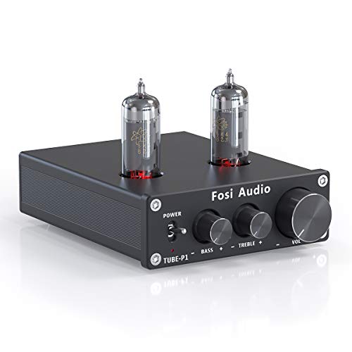Fosi Audio Preamplificador de tubo P1 mini Hi-Fi estéreo buffer preamplificador 6K4 válvula de vacío preamplificador con control de tono de graves agudos para cine en casa sistema HiFi