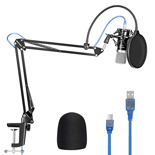 Neewer USB Micrófono para Windows y Mac con Soporte de Brazo de Tijera de Suspensión. Montaje de Choque. Filtro de Pop. Cable USB y Kit de Abrazadera de Montaje de Mesa para Radiodifusión (Negro)