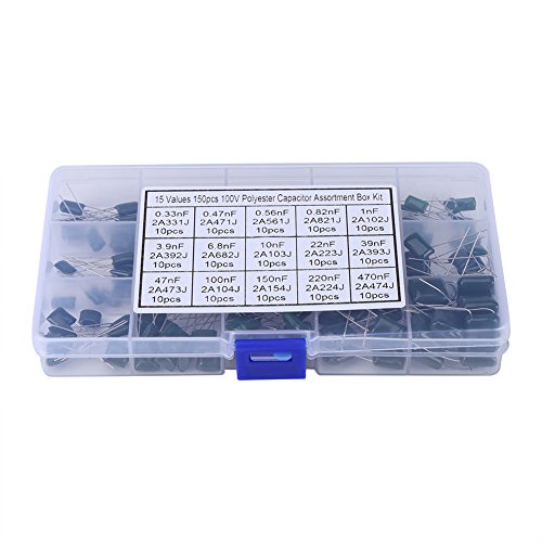 Condensador de poliéster, 150pcs 100V 15 Valor 0.33nF-470nF Condensadores electrolíticos surtido Kit de surtido de capacitores de película de poliéster