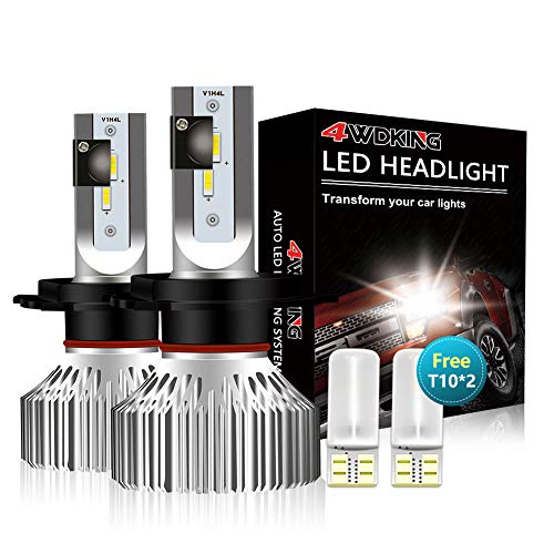 4WDKING H4 Bombillas de faros LED sin Ventilador Super brillante haz alto/bajo 60W 8000LM 6500K Kit de conversión 9003 blanco frío con T10 x2