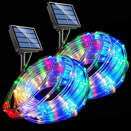 Guirnalda de luces LED con energía solar, 120 ledes, 8 modos, cambio de color, para interiores y exteriores, tira impermeable para jardín, patio, Navidad, fiesta, camping, vacaciones, 2 unidades