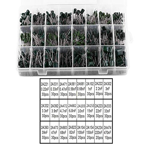 24 valores 660Pcs 100V Kit de surtido de condensadores con caja de almacenamiento,Capacitores de papel de película de poliéster de 0.22nF-470nF