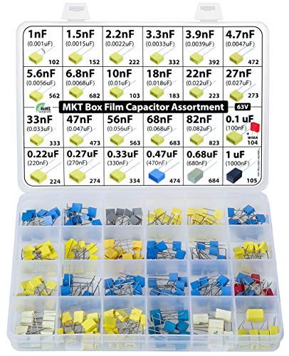 Kit surtido de condensadores de caja de poliéster metalizado MKT PET, 235 piezas, 24 valores, 63 V, 1 nF a 1uF