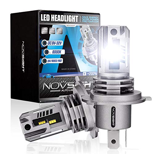 NOVSIGHT H4/9003 Bombillas LED para faros delanteros, 12000 lúmenes, 60 W, kits de conversión de faros delanteros superbrillantes, 6500 K, blanco frío, diseño de tamaño 1:1, paquete de 2, haz de luz alta y baja