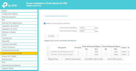 Configuración del ancho de banda con un modem Archer C50