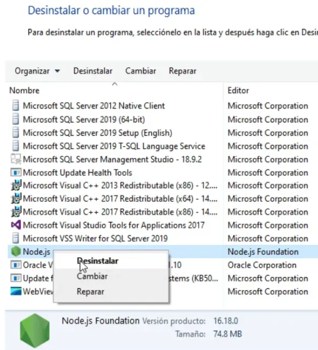 Desinstalar Node.js en Windows desde Desinstalar un programa.