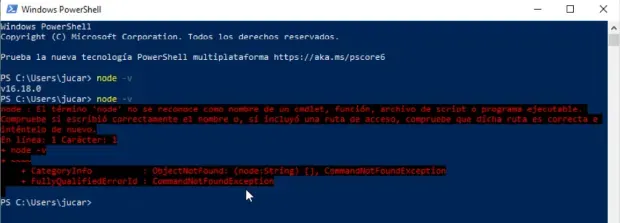 Error de comando node en terminal PowerShell.