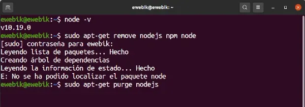 Desinstalar Node.js y NPM desde la terminal de comandos de Ubuntu.