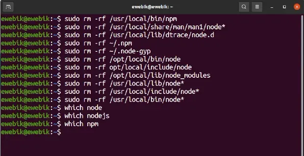 Eliminar carpetas de Node.js y NPM en Ubuntu.