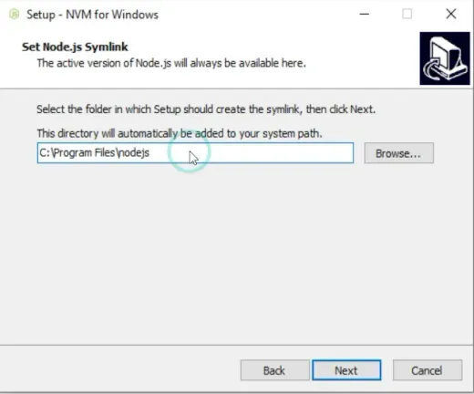 Instalación de NVM en Windows, selección de carpeta de instalación de Node.js.