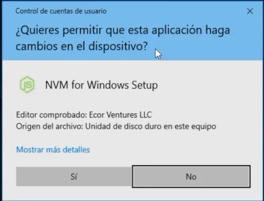 Instalación de NVM en Windows, confirmación para la ejecución del instalador.