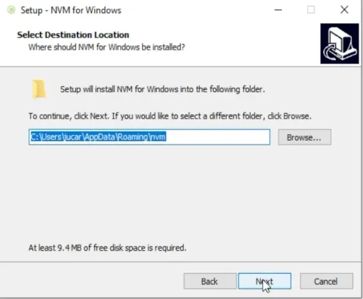 Instalación de NVM en Windows, selección de carpeta de instalación de NVM.