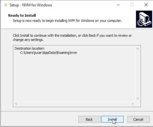 Instalación de NVM en Windows, confirmación de configuración de la instalación.