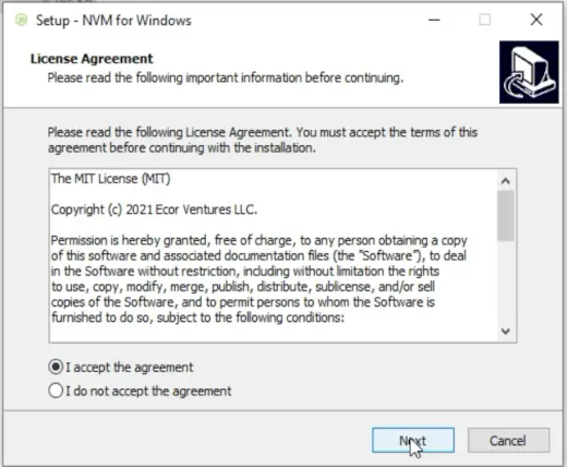 Instalación de NVM en Windows, aceptación de términos y licencia de NVM