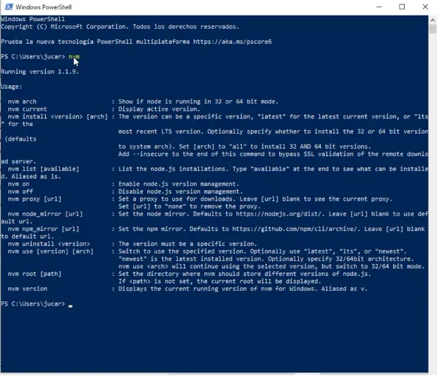 Instalación de NVM en Windows, comprobación de la instalación de NVM en la consola PowerShell.