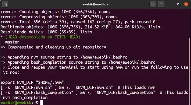 Instalación de NVM en Ubuntu, configuración agregada a bashrc.