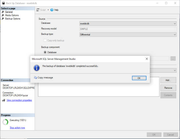 Mensaje de éxito en la creación de un respaldo diferencial de base de datos en SQL Server Management Studio