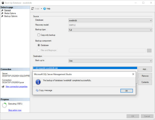 Creación y finalización de un respaldo en SQL Server Management Studio