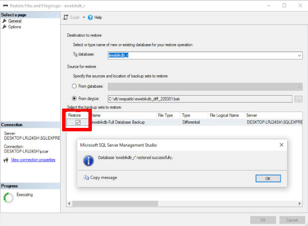 Restaurar copia de seguridad diferencial en SQL Server Management Studio