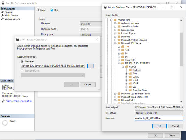 Ruta para crear un respaldo diferencial en SQL Server Management Studio