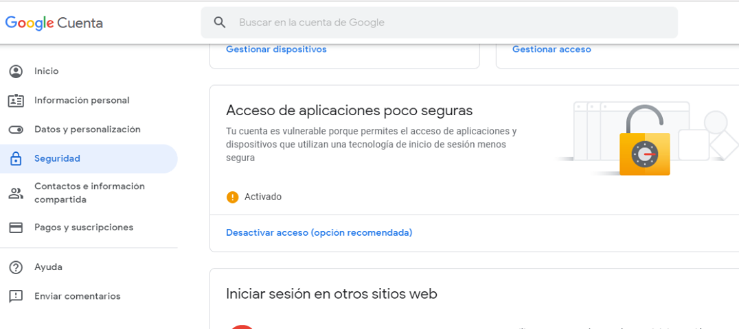 Servicio SMTP de Gmail activado