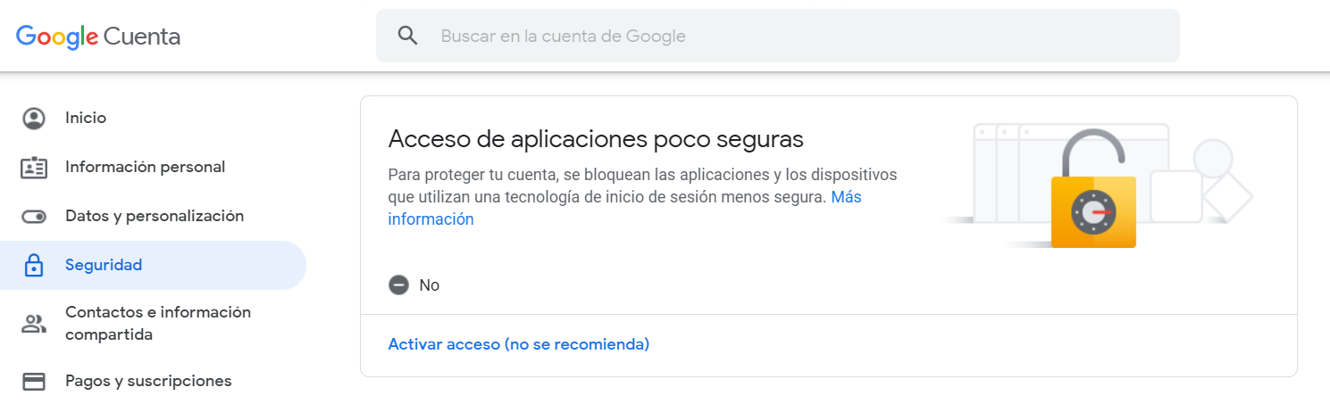 Activar el acceso de aplicaciones no seguras