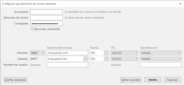 Datos completos del servidor SMTP de GMAIL