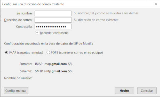 Datos SMTP de Gmail en Thunderbird