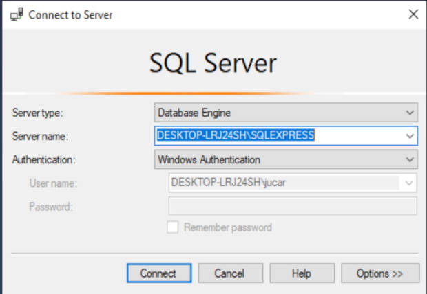 Login con Windows authentication en sql server management studio