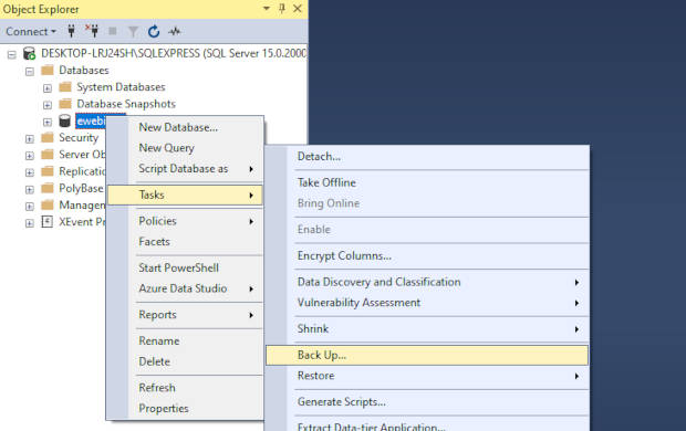 Menú para crear un respaldo de una base de datos en SQL Server Management Studio