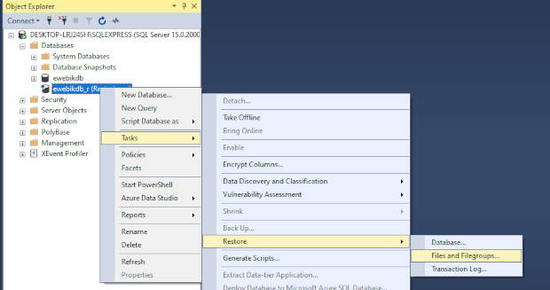 Menú para restaurar una copia de seguridad diferencial en SQL Server Management Studio