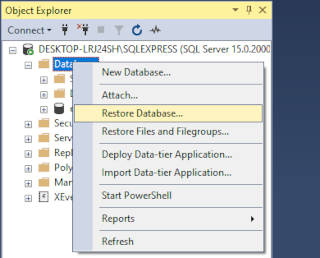 Menú restaurar base de datos en SQL Server Management Studio