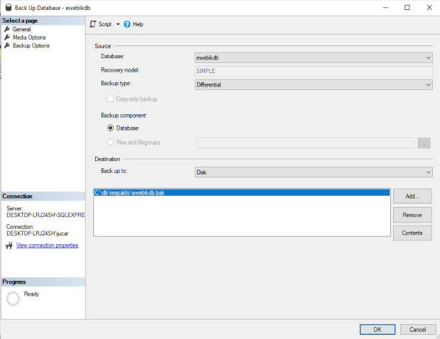 Establece que se desea crear un respaldo diferencial en SQL Server Management Studio