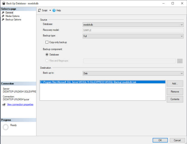 Pantalla de opción para crear una copia de seguridad en SQL Server Management Studio