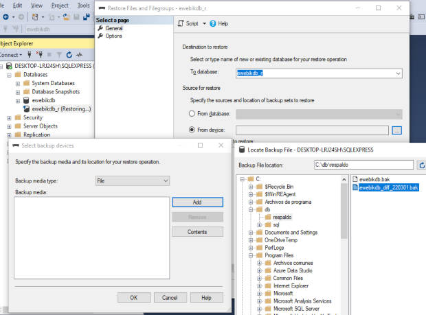 Seleccionar archivo de la copia de seguridad diferencial en SQL Server Management Studio