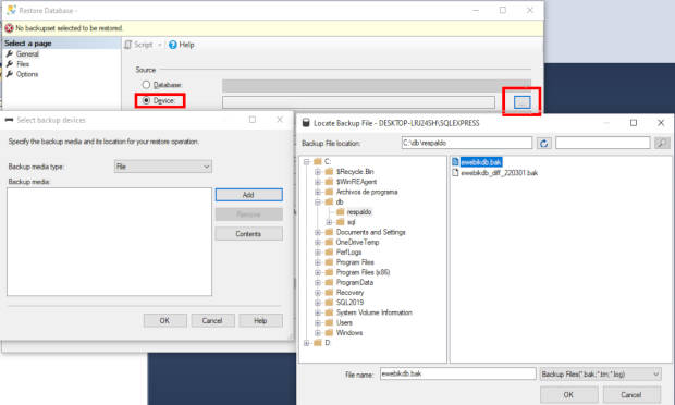 Seleccionar la ruta del respaldo full en SQL Server Management Studio