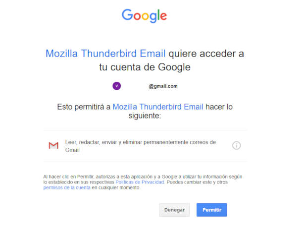 Ventana donde permites que Thunderbird acceda a tu correo de Gmail